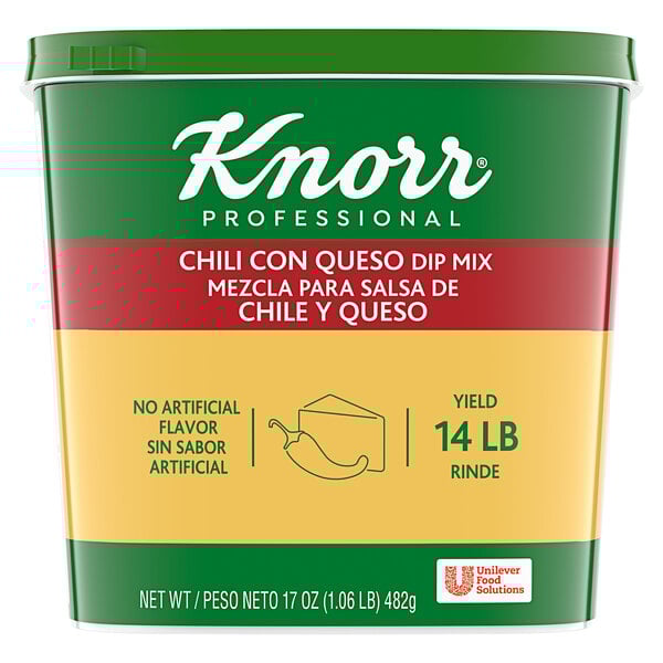 A green and yellow container of Knorr Professional Chili Con Queso Dip Mix with red and white text.