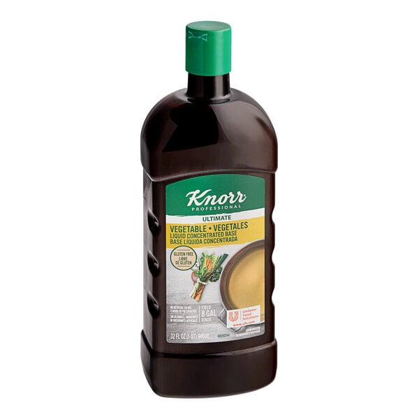 A brown plastic bottle of Knorr Ultimate Liquid Concentrated Vegetable Base on a counter.