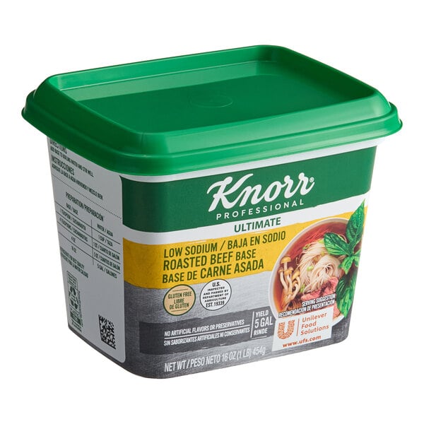 A 1 lb. container of Knorr Professional Ultimate Low Sodium Roasted Beef Base bouillon.