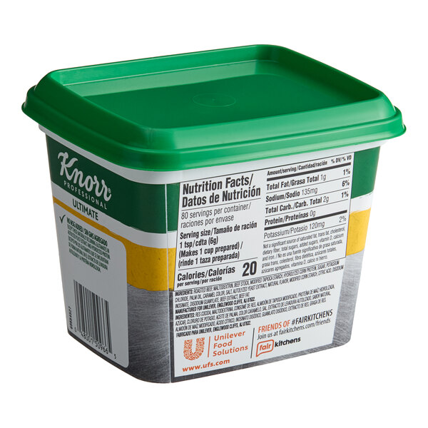 A 1 lb. container of Knorr Ultimate Low Sodium Beef Bouillon Base with a green lid.