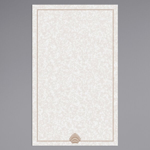 White rectangular menu paper with a tan shell border.