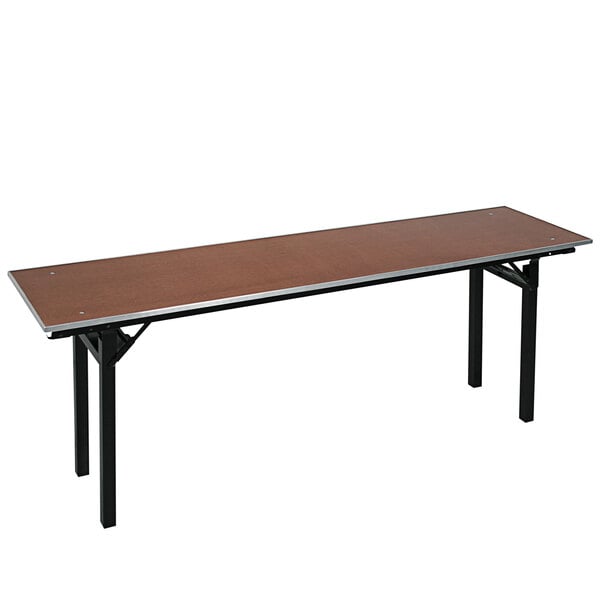 a brown rectangular table with metal legs