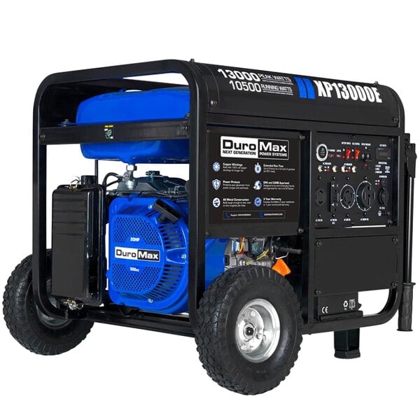 A DuroMax portable generator with a blue tank and wheel kit.