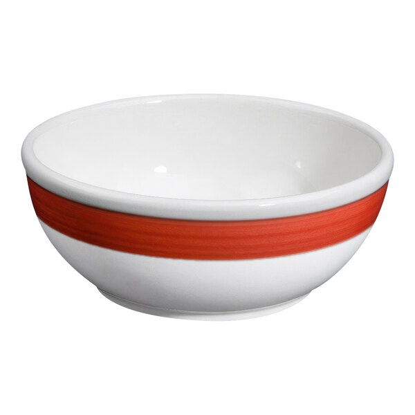 A white bowl with a red stripe.