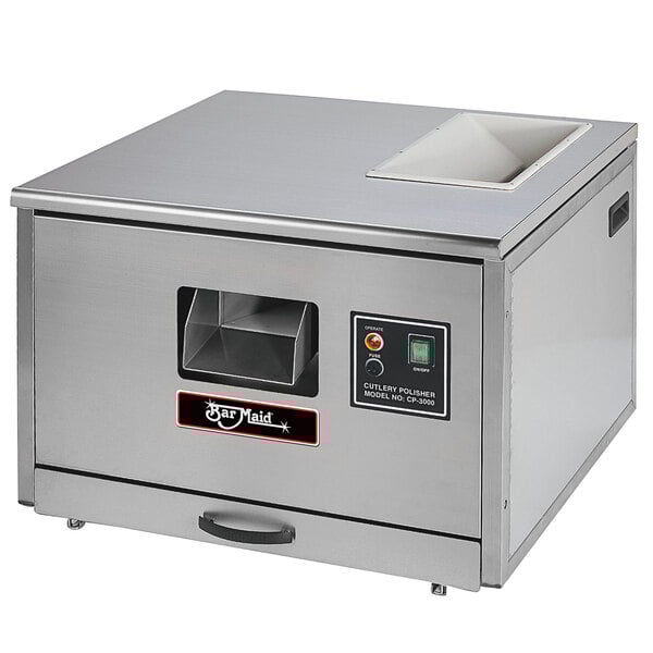 A Bar Maid cutlery dryer and polisher machine with a stainless steel square top.