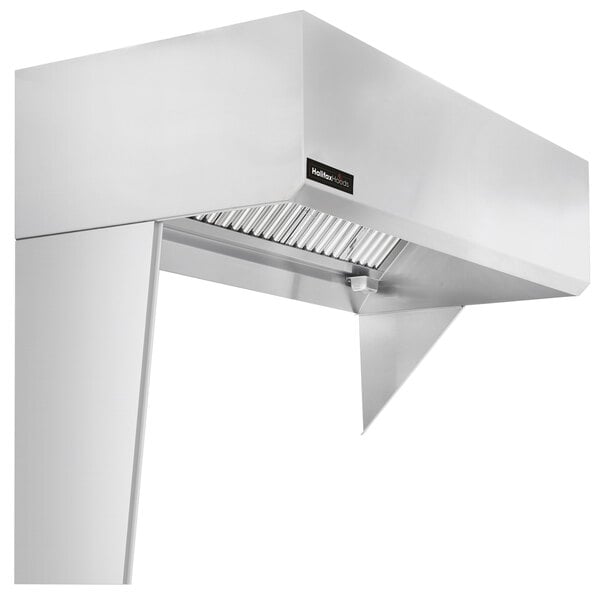 A stainless steel Halifax insulated curtain for the left side of a kitchen hood.