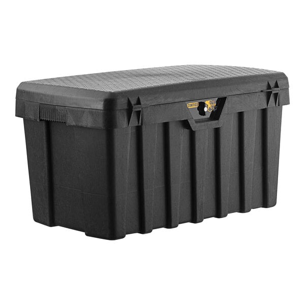 A black plastic Contico TuffBin tool box with a lid and lock.