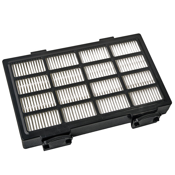A black air filter with four rows of grids.