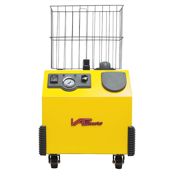 A yellow Vapamore MR-750 Ottimo heavy-duty steam cleaner with a wire basket.