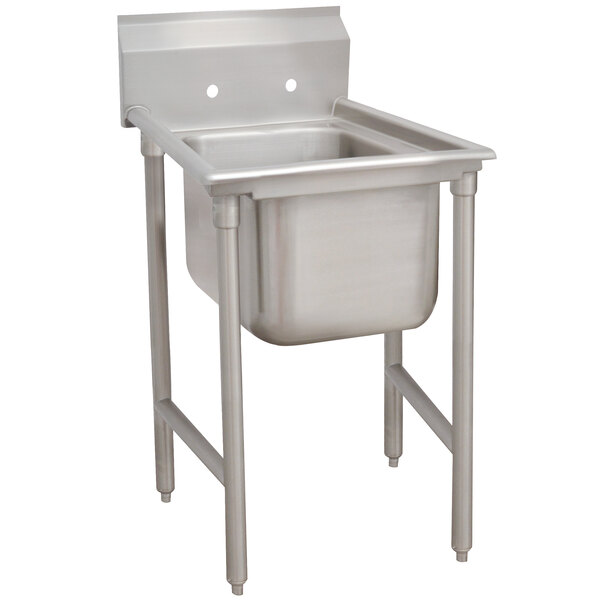 An Advance Tabco stainless steel sink on a stand with a drain.