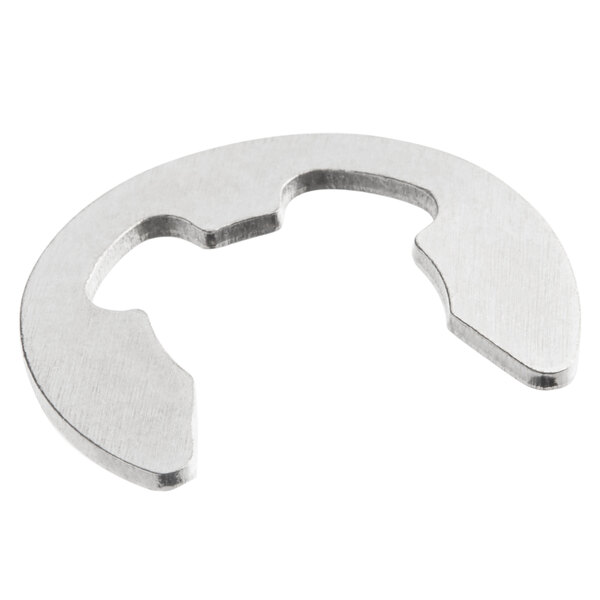 A silver metal clip with a silver circle and a hole.