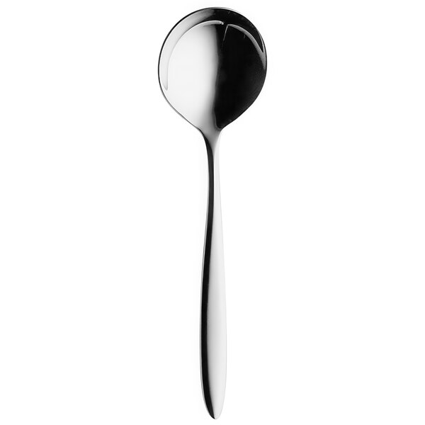 A Hepp by Bauscher stainless steel bouillon spoon with a long handle.