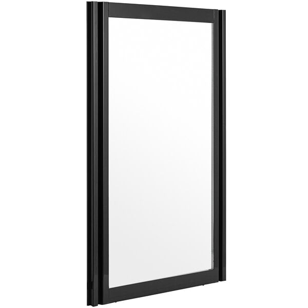 A black rectangular sliding glass door with a white frame.