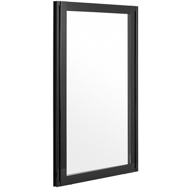 A black rectangular glass door with a white background.
