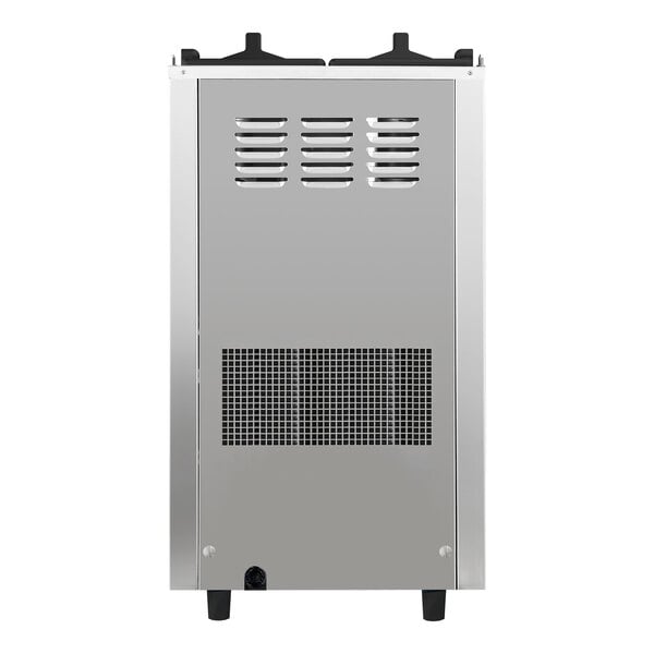 A stainless steel countertop soft serve ice cream machine with two hoppers and three dispensers.