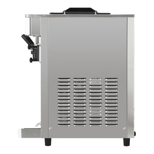 A stainless steel countertop soft serve ice cream machine with two hoppers and three dispensers.