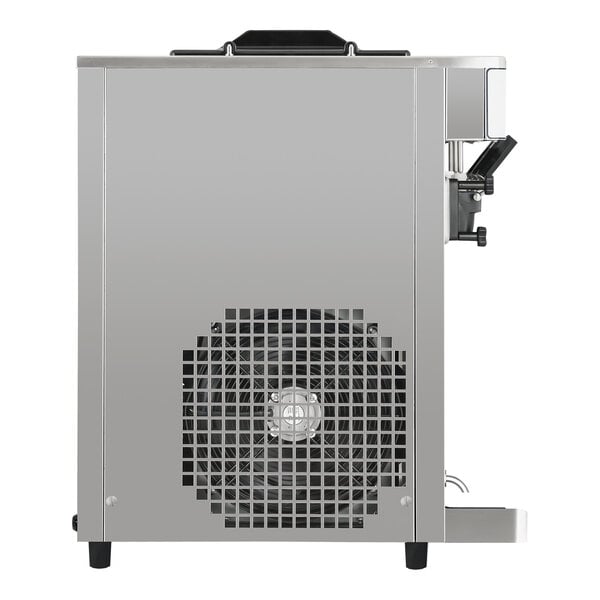 A stainless steel countertop soft serve ice cream machine with two hoppers and three dispensers.