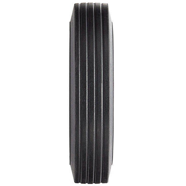 A black wheel with a metal hub.