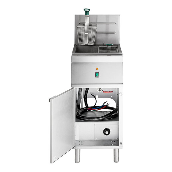 An Avantco stainless steel electric floor fryer with a basket and wire over a white background.