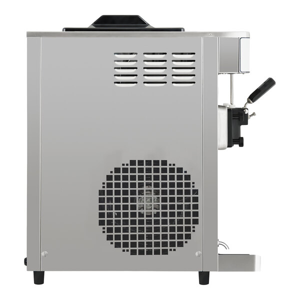 A stainless steel countertop soft serve ice cream machine with a side ventilation fan and a single dispensing handle.
