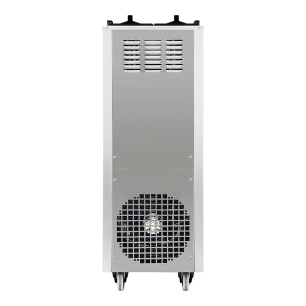 A commercial floor model soft serve ice cream machine with air pump, two hoppers, and three dispensers.