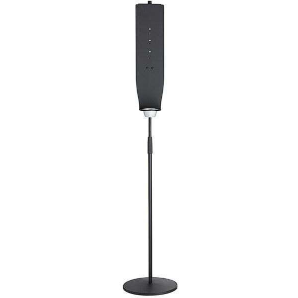 a black microphone stand with a white background