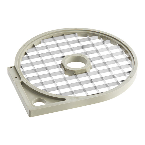 A circular metal dicing grid with white accents.