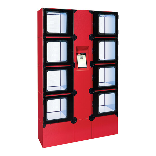 A red and black Hatco Flav-R 2-Go heated pickup locker system with black and white squares.