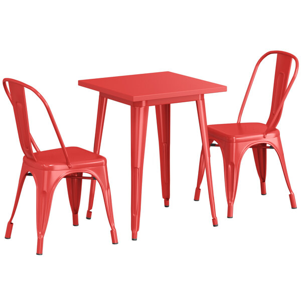 23.5'' Square Red Metal Restaurant Table Set with 2 Chairs For