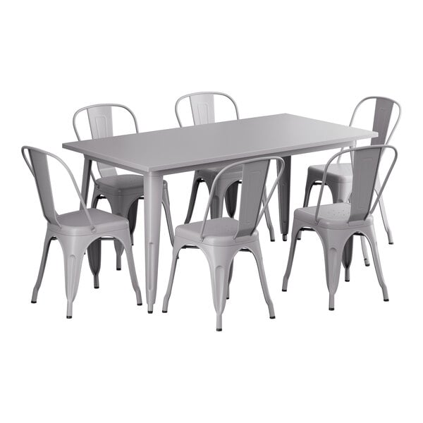 A Lancaster Table & Seating nickel gray outdoor table with 6 chairs.