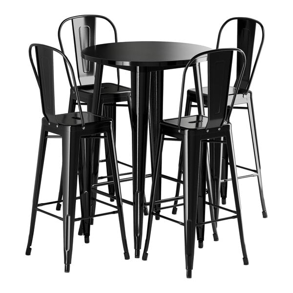 A Lancaster Table & Seating Onyx Black Bar Height Outdoor Table with 4 black cafe chairs.