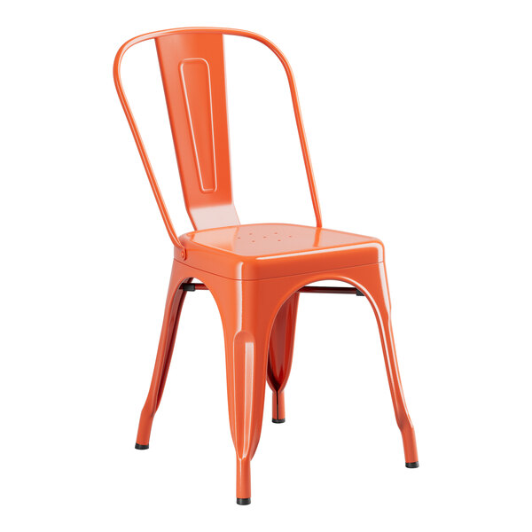 An orange metal chair with a seat and back.