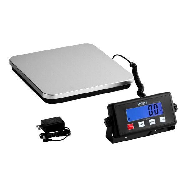A low-profile digital receiving scale with a stainless steel platform, remote display, and power adapter.