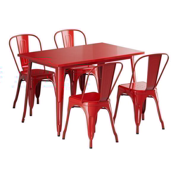 A Lancaster Table & Seating ruby red metal table and chairs.