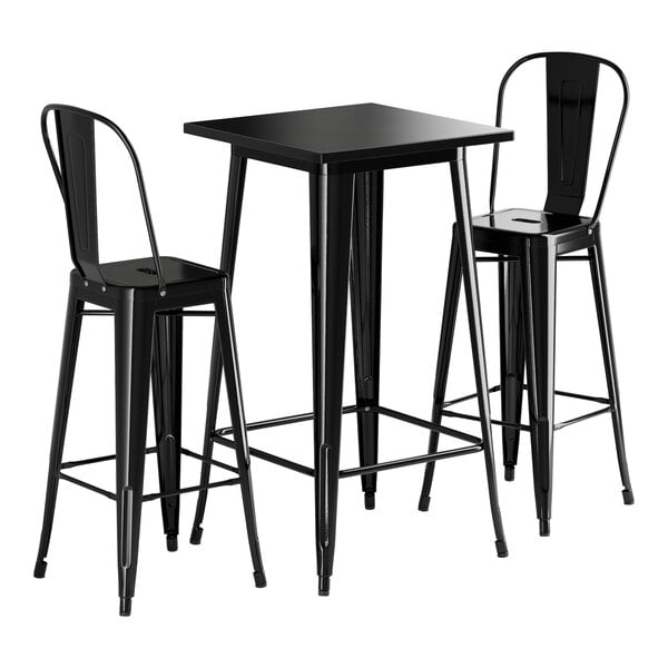A Lancaster Table & Seating onyx black bar table with two black barstools.