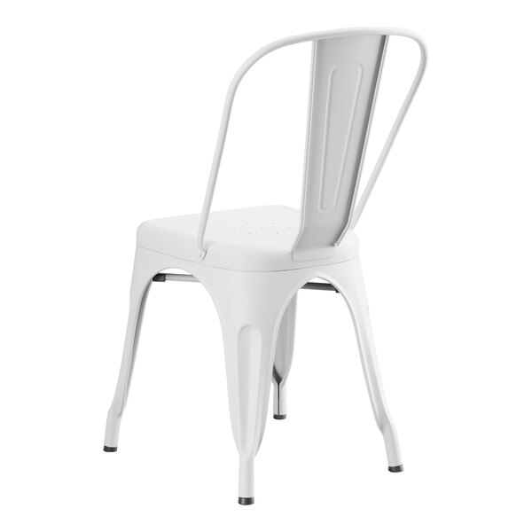 A Lancaster Table & Seating pearl white metal chair with legs and a backrest.