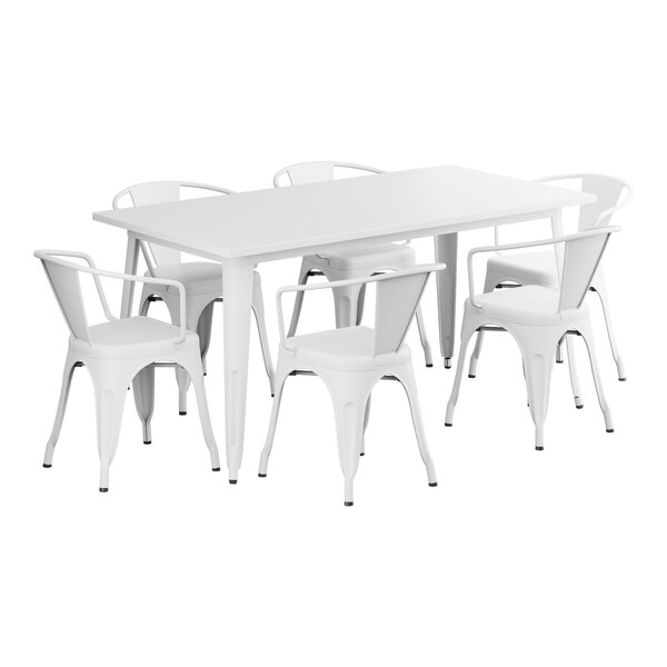 A white Lancaster Table & Seating outdoor table with six chairs.