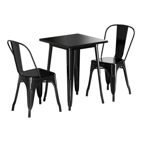 A Lancaster Table & Seating black metal outdoor table and 2 chairs.