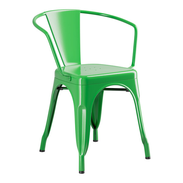 A green metal Lancaster Table & Seating chair with arms and a back.
