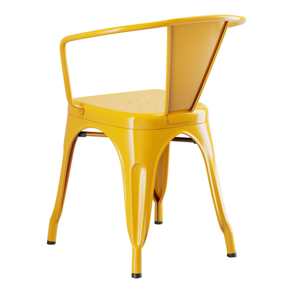 A yellow metal chair with arms and a backrest.