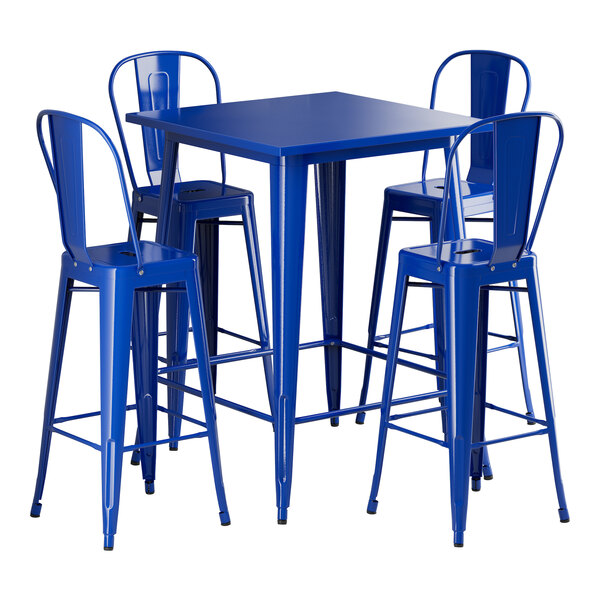 A blue square table with blue metal chairs.