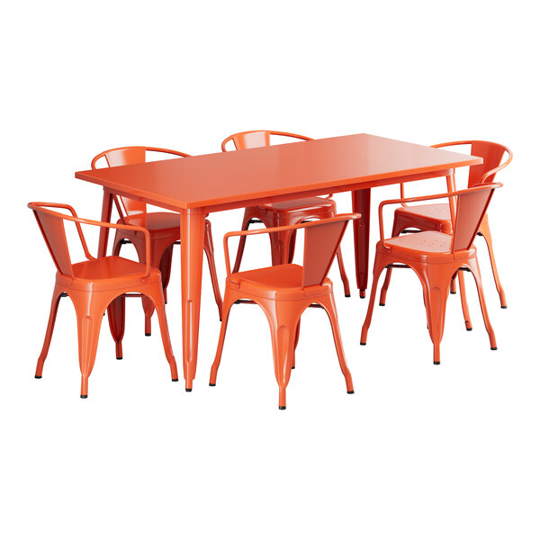 An orange Lancaster Table & Seating outdoor dining table and chairs set.