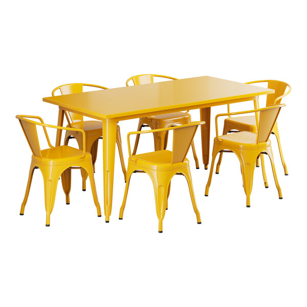 A Lancaster Table & Seating citrine yellow table and chairs set.