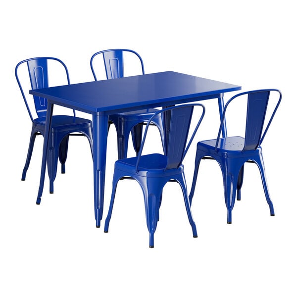 A blue metal table with a metal frame and four blue chairs.