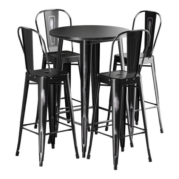 A Lancaster Table & Seating black metal outdoor table with four black chairs.