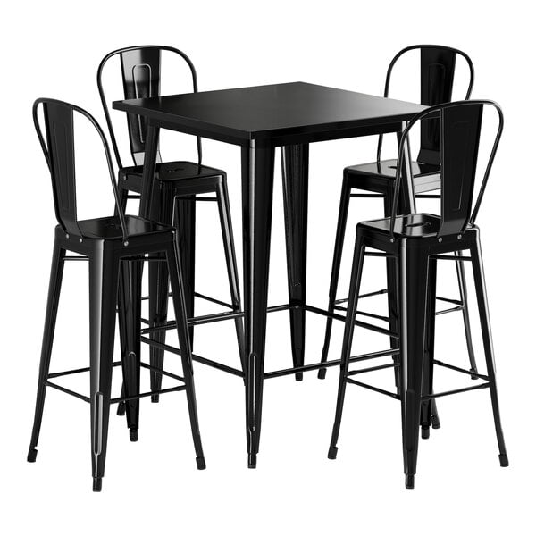 A Lancaster Table & Seating black metal bar table with four black barstools.