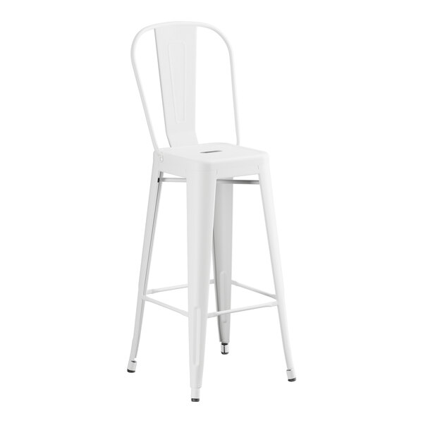 A white metal barstool with a white backrest.