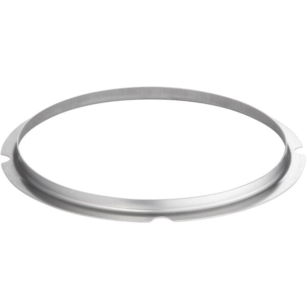 A silver aluminum ring with a circular design.