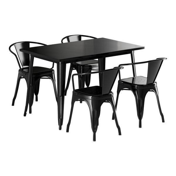 A Lancaster Table & Seating onyx black table with four black chairs.