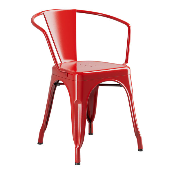 A red metal Lancaster Table & Seating arm chair.